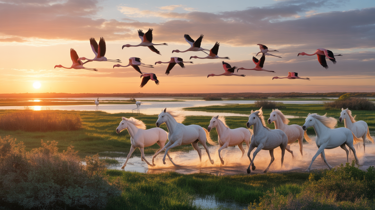 Illustration of the unique biodiversity of the Camargue, featuring flamingos and wild horses.